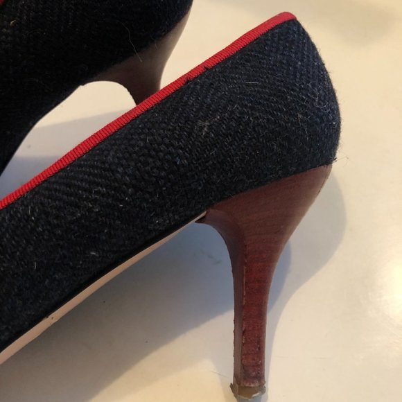 Vintage PAUL SMITH Navy Herringbone Tweed pumps trimmed with Red Grosgrain Trim - Picture 13 of 13